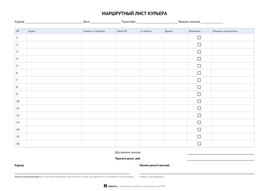 Альбомный бланк маршрутного листа курьера