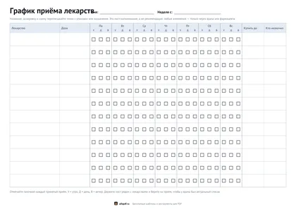 График приёма лекарств на неделю с галочками утро, день и вечер