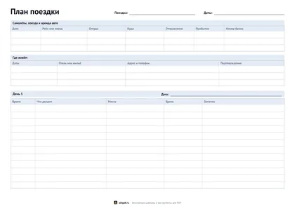 План поездки: таблицы транспорта, жилья и расписание дня по часам